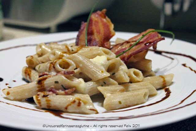 Penne Di Riso Con Pancetta Affumicata, In Crema Di Taleggio, Crescenza e Aceto Balsamico